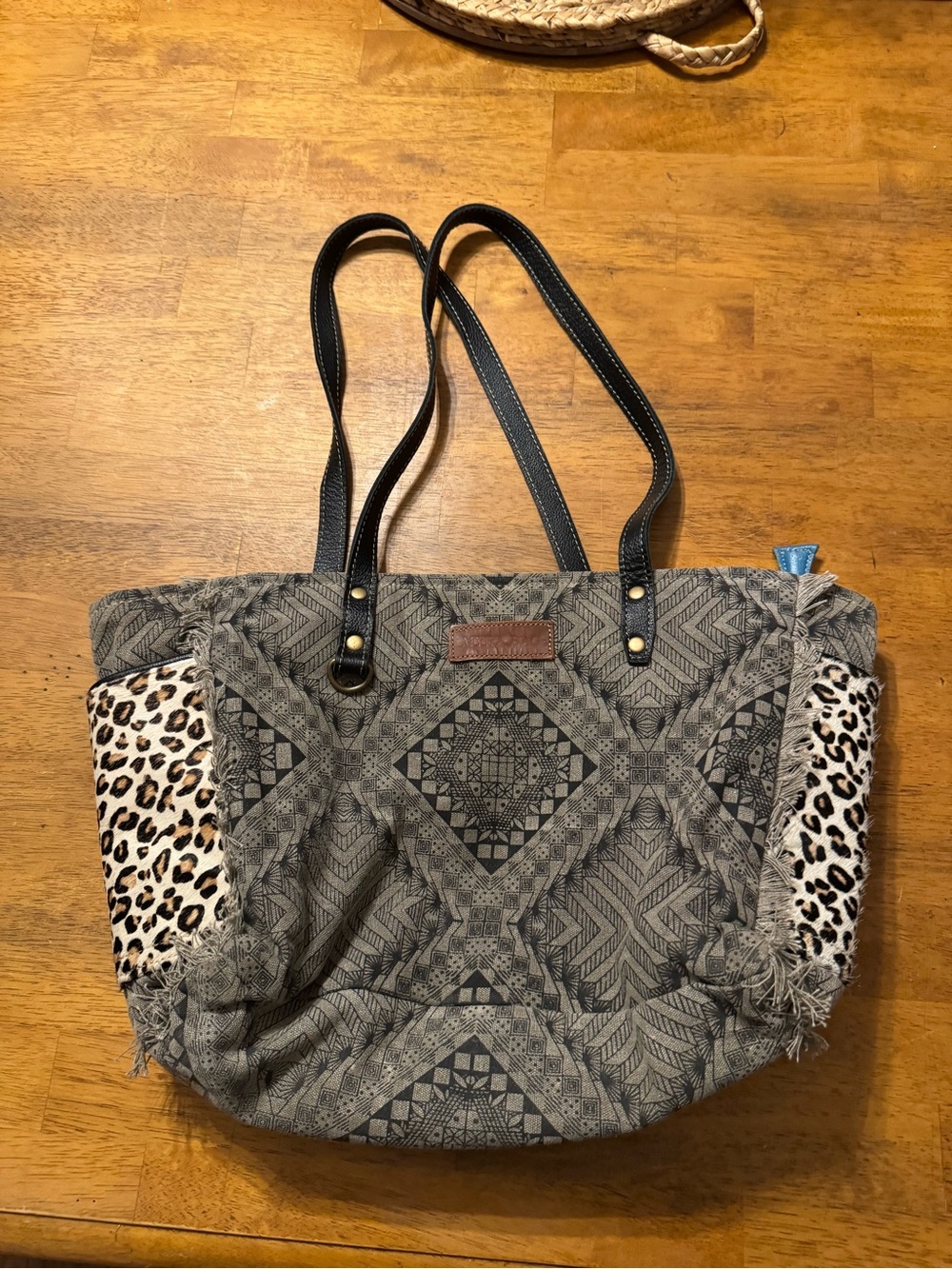 Myra Bag Gray Patterned Tote with Leopard Side Panels